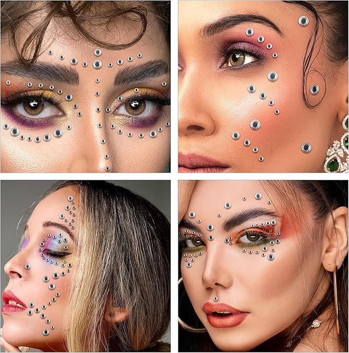 591pcs Face Gems Hair Gems Pearls, Self-Adhesive Face Jewels Eye Rhinestones 3/4/5/6/8 mm Face Gem Stick on, Halloween Makeup Gems Rave Accessories for Face Eyes Body Makeup (14.Clear)