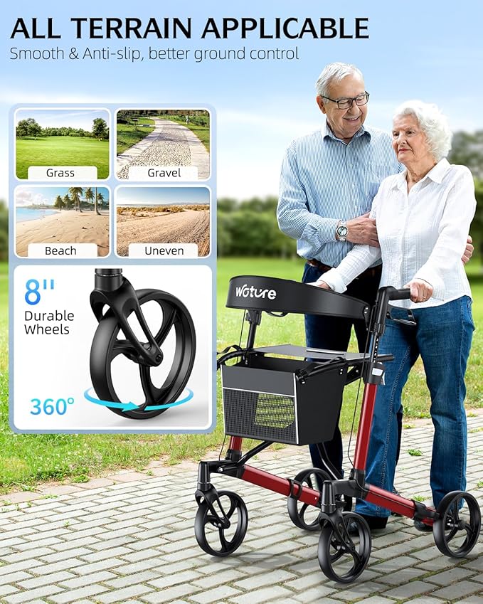 WOTURE Rollator Walker with Seat, Lightweight Rolling Walker, Foldable Rollator Walker for Seniors, 8" Big Wheels for All Terrain, Dual Height Adjustment, Only 16 Ib, Red