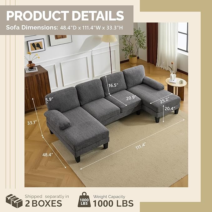 VINGLI 110' U-Shaped Sectional Couch with Two Chaise, Affordable Small Sofa with 4 Seats, Chenille Fabric Comfy Couches for Living Room, Dark Grey