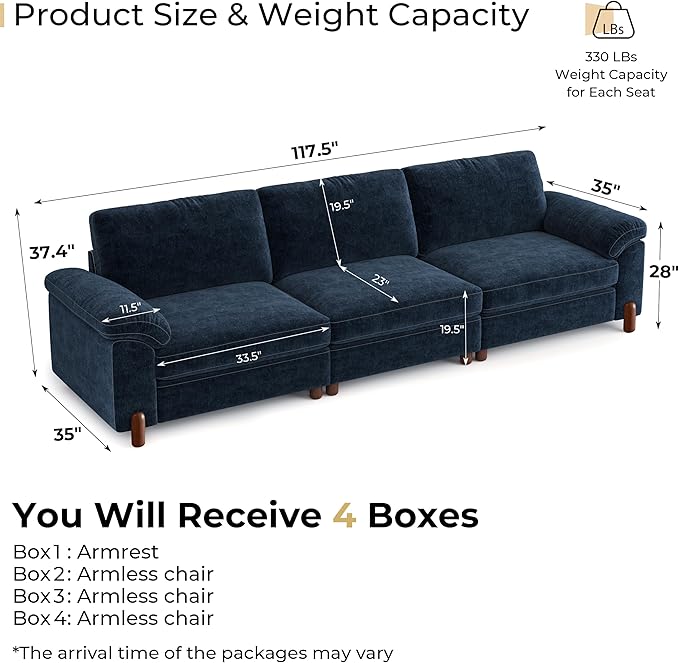SITJOY 118" Oversized Sectional Couches for Living Room, Extra Large Deep Seat Modular Sofa with Washable Covers, Wide Couch, 3 Seater Couch, Chenille in Blue