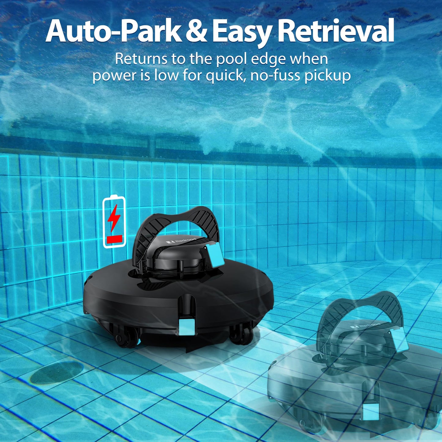 Redroad Cordless Robotic Pool Cleaner, Automatic Pool Vacuum Lasts 150Mins, Powerful Suction, Self-Parking, Maximum Climbing Angle 18 Degrees, Lightweight for Above/Inground Pools Up to 1200 Sq.Ft