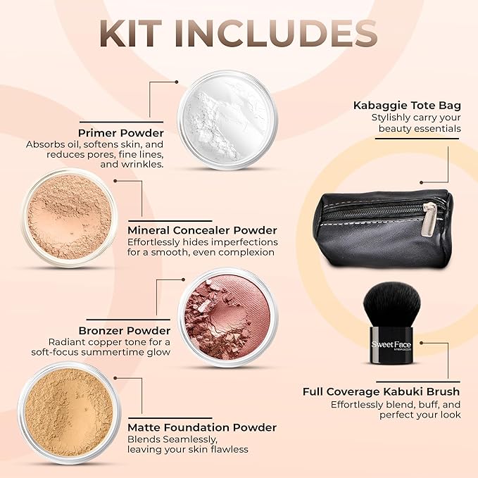 6pc FULL SIZE KIT KABUKI & KABAGGIE Tote Mineral Makeup Set Matte Foundation Bare Face Sheer Powder Cover (Beige)