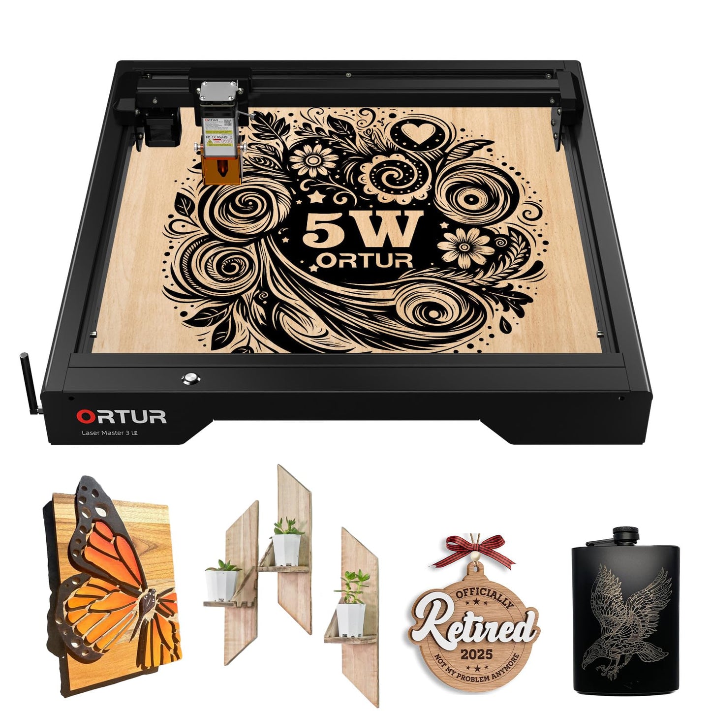 5,000mW Engraving Machine, Ortur Laser Master 3 LE Laser Engraver, High Precision 0.09×0.15mm Spot, WiFi APP Control, 400×400mm Work Area, Detail Engraving for DIY Crafts, Wood, Acrylic, Leather