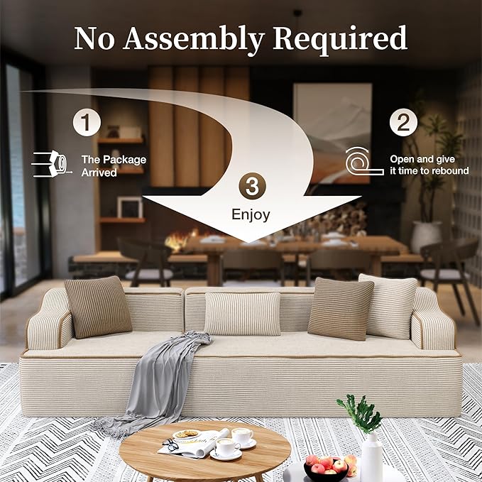SUNSHINE VALLEY 3 Seat Boneless Sectional Couch in Box, 104'' Corduroy Modular Cloud Sofa for Living Room Bedroom, Modern Upholstered Couch with Deep Seat, No Assembly Required, Beige