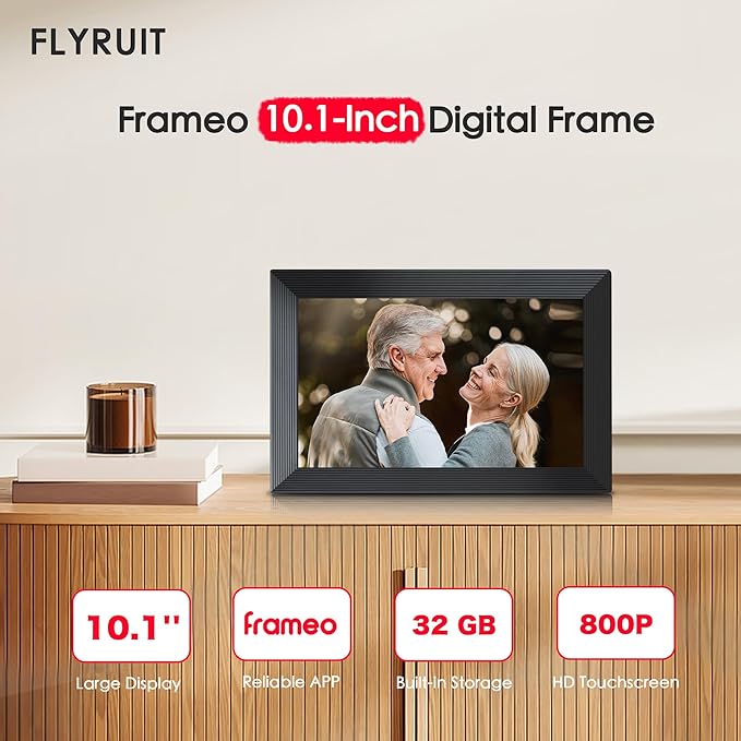Digital Picture Frame, 10.1 inch Frameo Digital Frame WiFi, 1280*800 IPS HD Touchscreen, 32GB Storage, Instant Share Pictures Video, Smart Photo Frame Electronic, Gifts for Mom, House Warming, Black