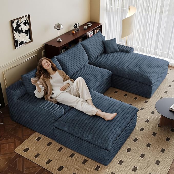 107" Cloud Sectional Couch U-Shaped Chaise with Ottoman, Corduroy Boneless Couch for Living Room Bedroom, Deep-Seat Upholstered Modular Cloud Sofa, No Assembly Required (Blue, Right Facing Chaise)