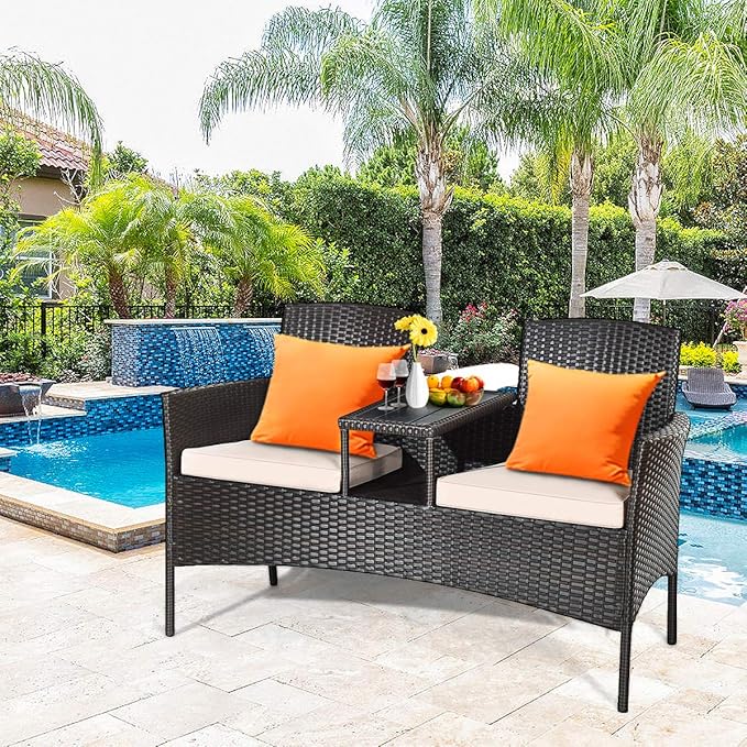 HAPPYGRILL Outdoor Loveseat with Removable Cushions and Coffee Table, Rattan Patio Wicker Conversation Set for Garden Lawn Backyard