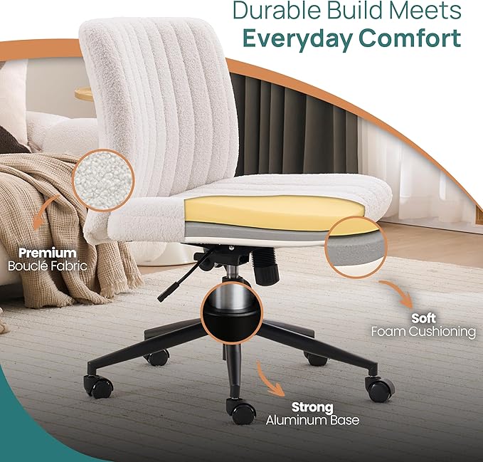 NYPOT Armless Desk Chair with Wheels for Criss Cross Sitting - Cross Legged Wide Armless Chair - Adjustable Vanity 360° Swivel Stool and 120° Rocking Wide Seat Comfy for Home and Office, White Sherpa