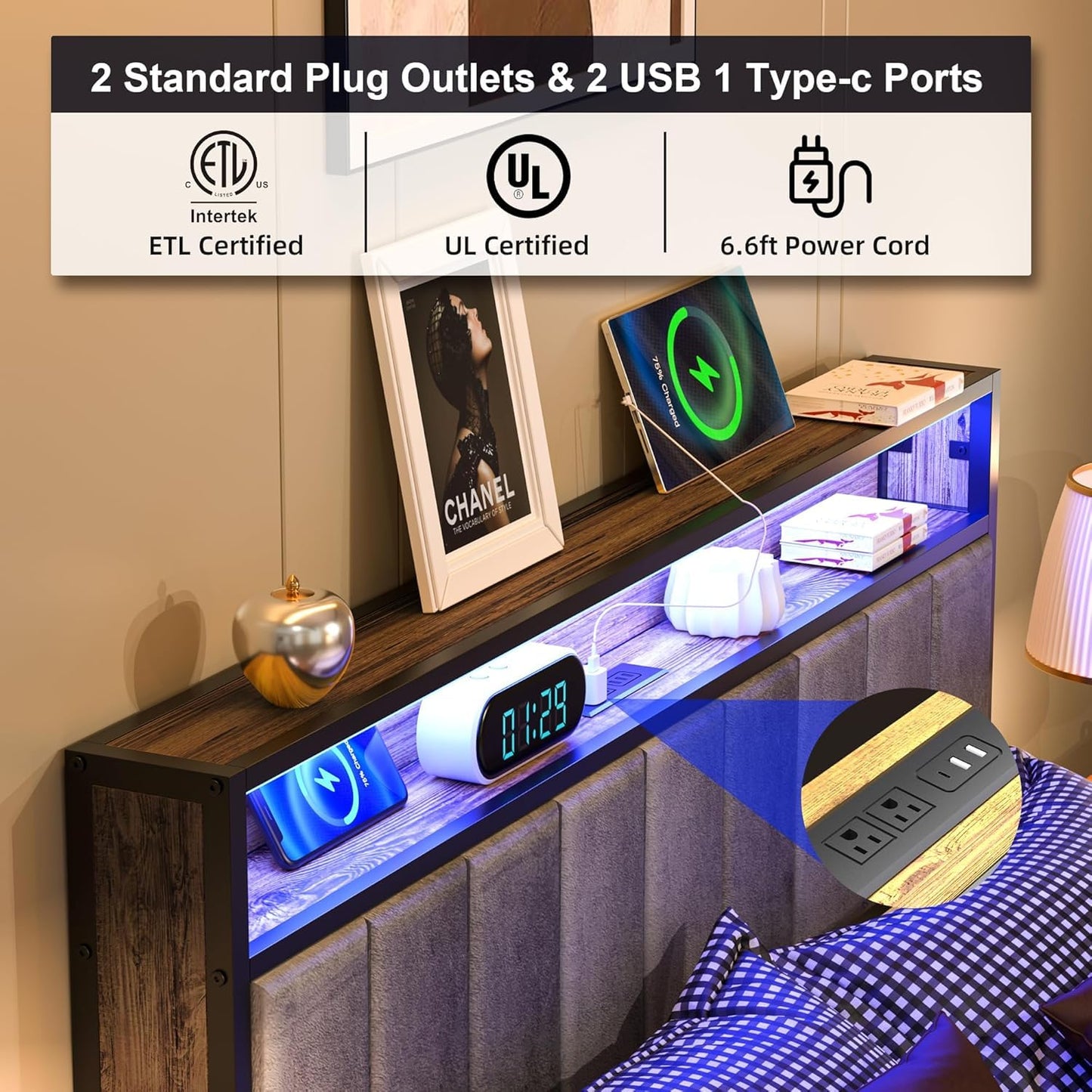 FSJianYi Queen Metal Bed Frame with Charging Station, LED Lights Headboard, Strong Metal Slats Support No Box Spring Needed Noise Free (Queen (U.S. Standard))