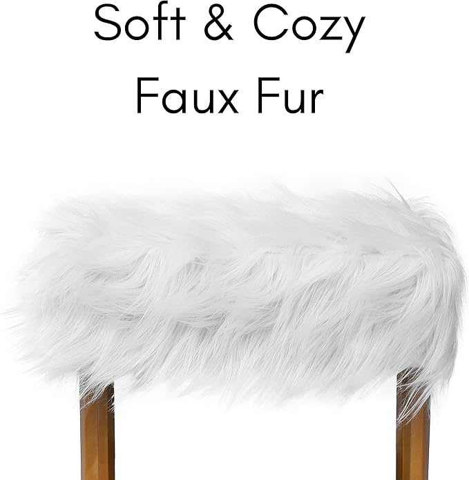 BIRDROCK HOME Rectangular White Faux Fur Foot Stool Ottoman with Gold Legs - Vanity Chair - Soft Compact Padded Seat - Bedroom and Kids Room Chair - Metal - Fluffy Makeup Seat
