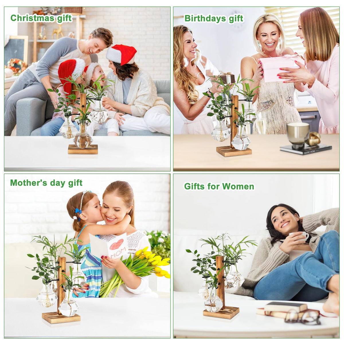 PAG-Mass Planter Terrariums Kit, Desktop Hydroponics Air Planter Holder, Plant Propagation Station with 4 Glass Vase and Solid Wood Stand, Gardening Gift for Women and Plant Lovers