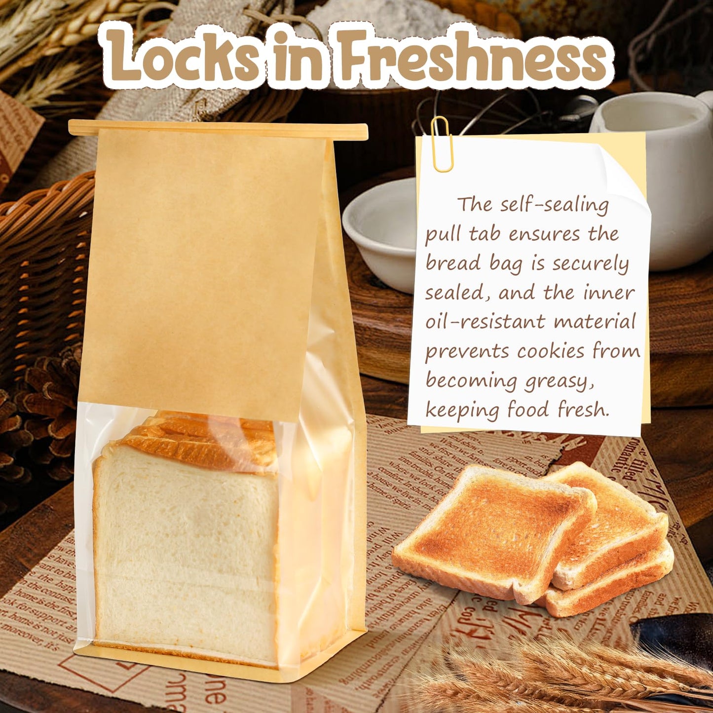 HONKID Bread and Cookie Bags with Seal, 50 Pack 11 x 5.1 x 3.9 Inches Bakery Bags with Window Reusable Tin Tie Tab Lock for Sealed Baked Goods Packaging for Pastry Bagels Breads Goodies Cookie Brown
