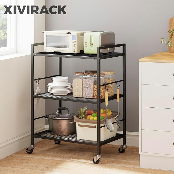 XIVIRACK 3-Tier Metal Storage Rack with Industrial Wheels,Mesh Shelving Unit with Wooden Table top,Adjustable Shelf,23.6-Inch Width,15.8-Inch Depth, for Kitchen, Laundry,Pantry,Plant,Black panel