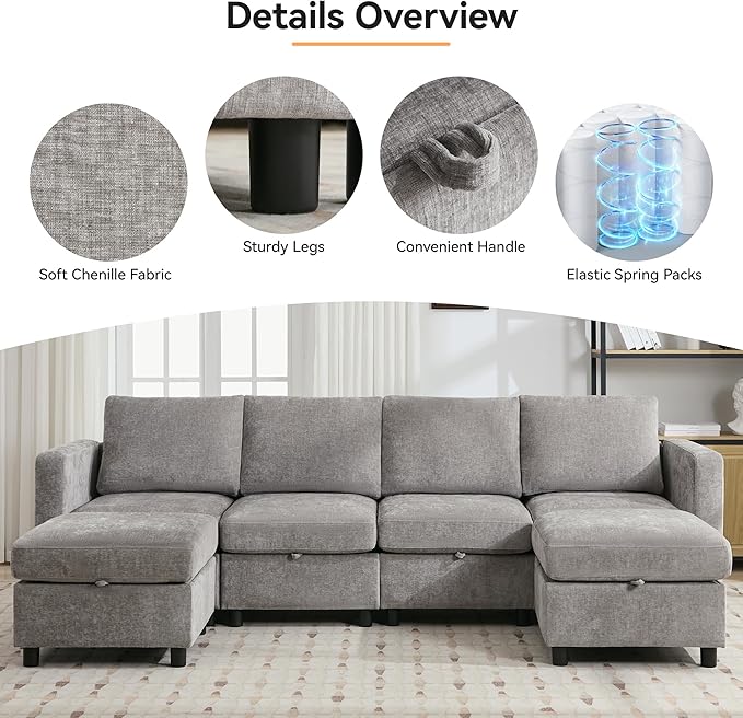 WUTUTUEE 83' Modular Sectional Sofa Convertible L Shaped Couch Set for Living Room, 4 Seat Storage Modular Sofa with Movable Ottoman, Chenille(Light Grey)