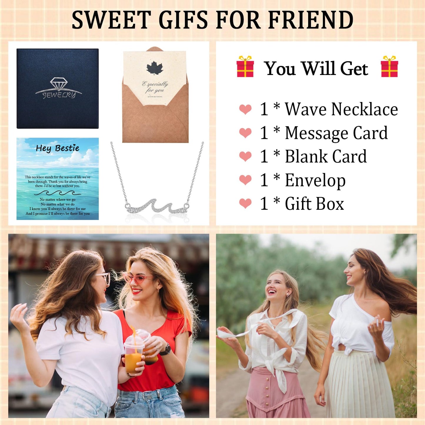 EPIRORA Bestie Gifts for Best Friend, Silver Wave Necklace for Women, BBF Birthday Anniversary Christmas Jewelry Present Idea