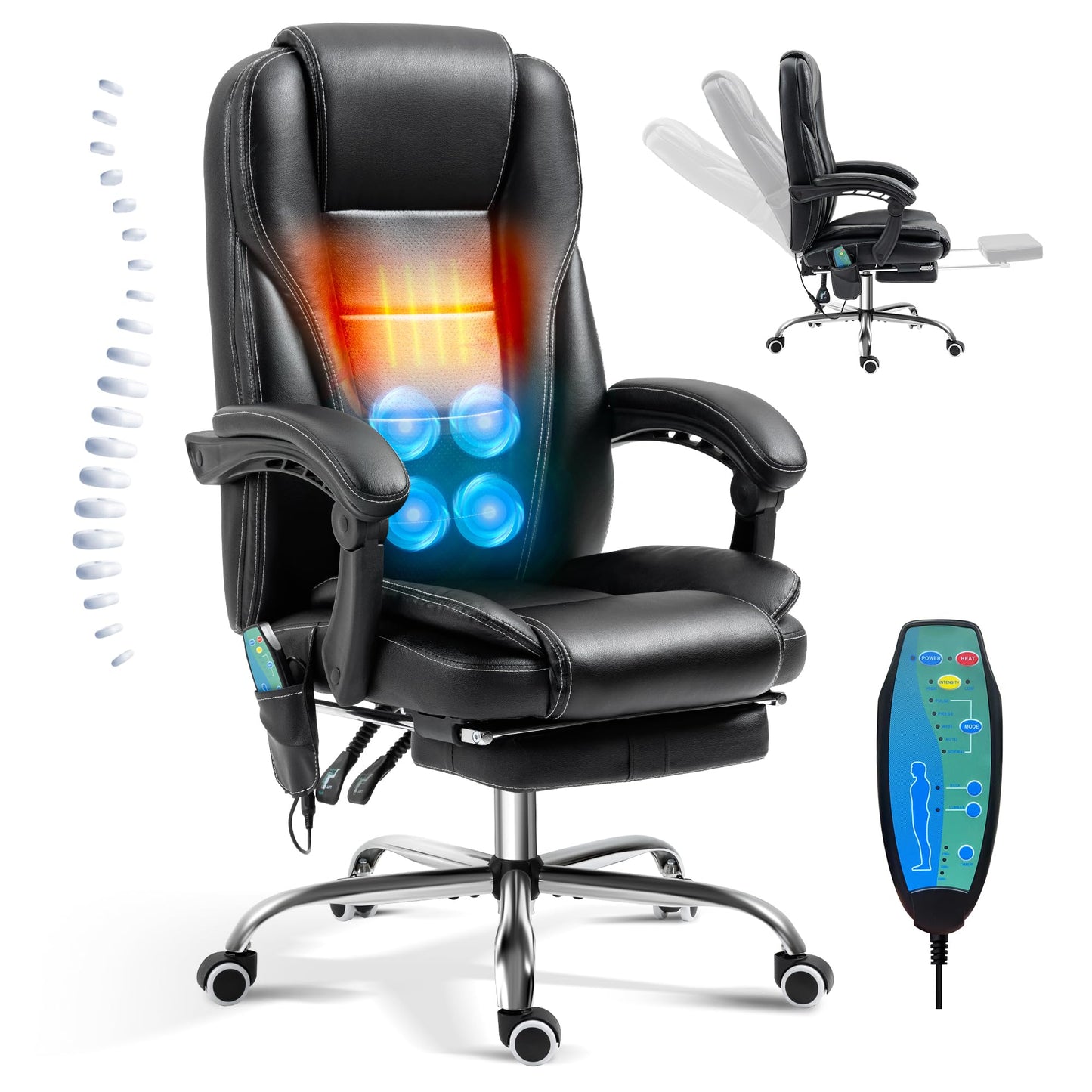 TonghuaS Reclining Massage Office Chair with Footrest, High Back Ergonomic Executive Chair with Heating and Vibration Function(Black)