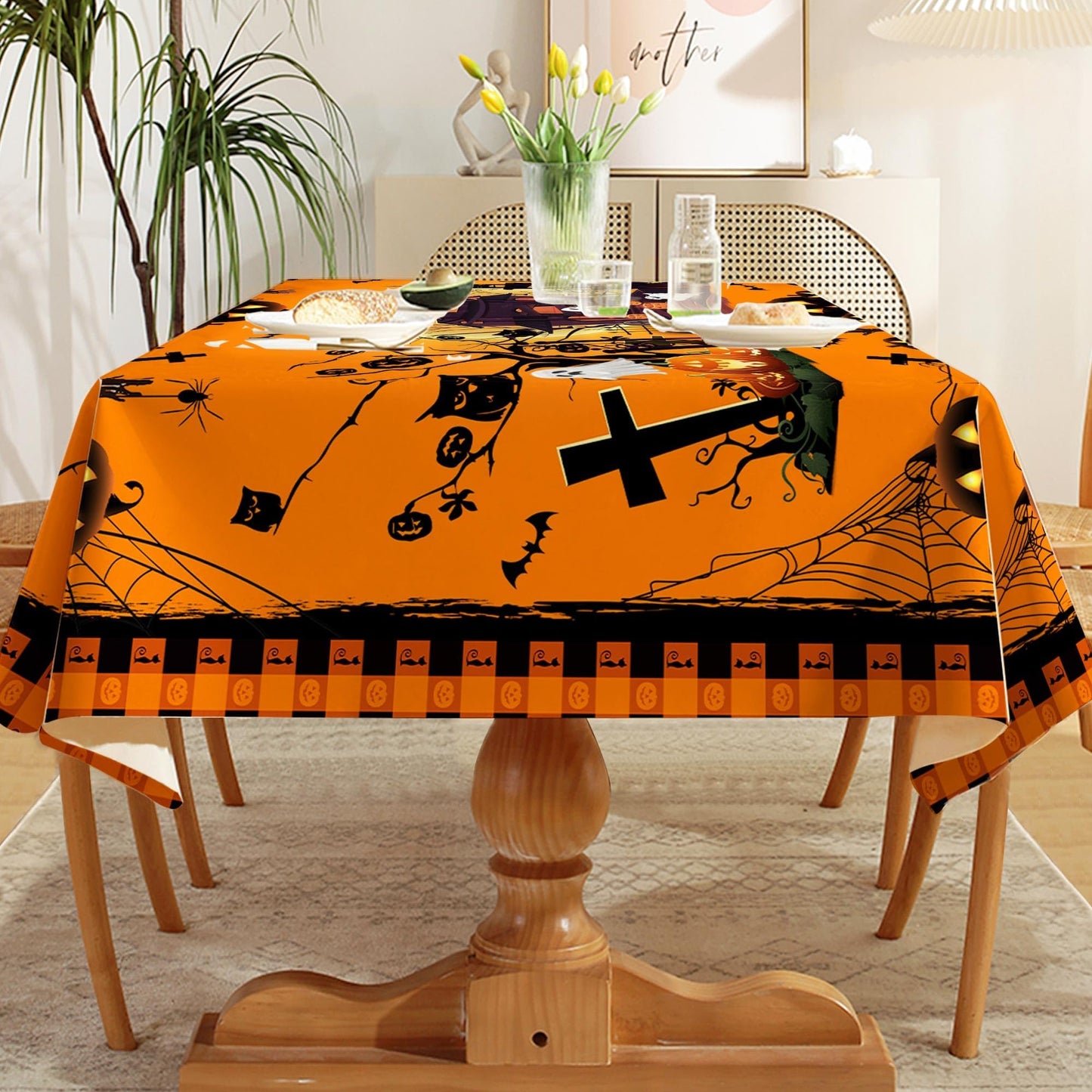 Hexagram Halloween Tablecloth 60 x 84 Inches Rectangle, Halloween Table Cloth Rectangular, Pumpkin Castle Ghost Tablecloths for Home Kitchen Dining Decor