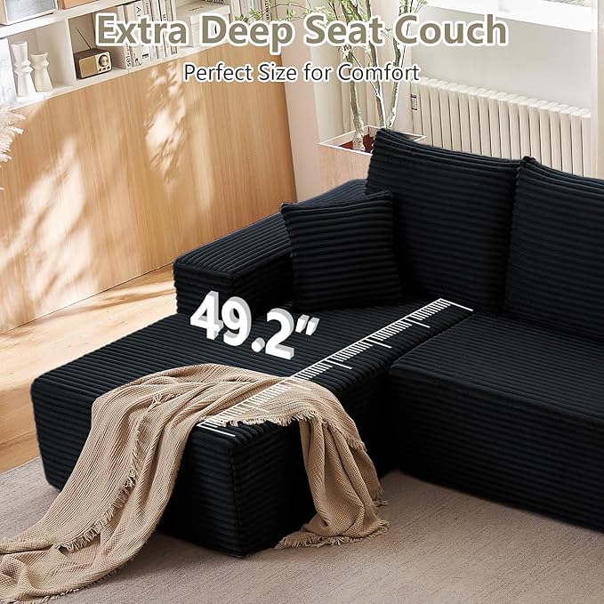 Sectional Cloud Couch for Living Room, Modular Floor Deep-Seat Sofa, Big Comfy Corduroy Couches Set with Fluffy Memory Foam, Stupendous U Shaped Sofas, No Assembly Required, Black