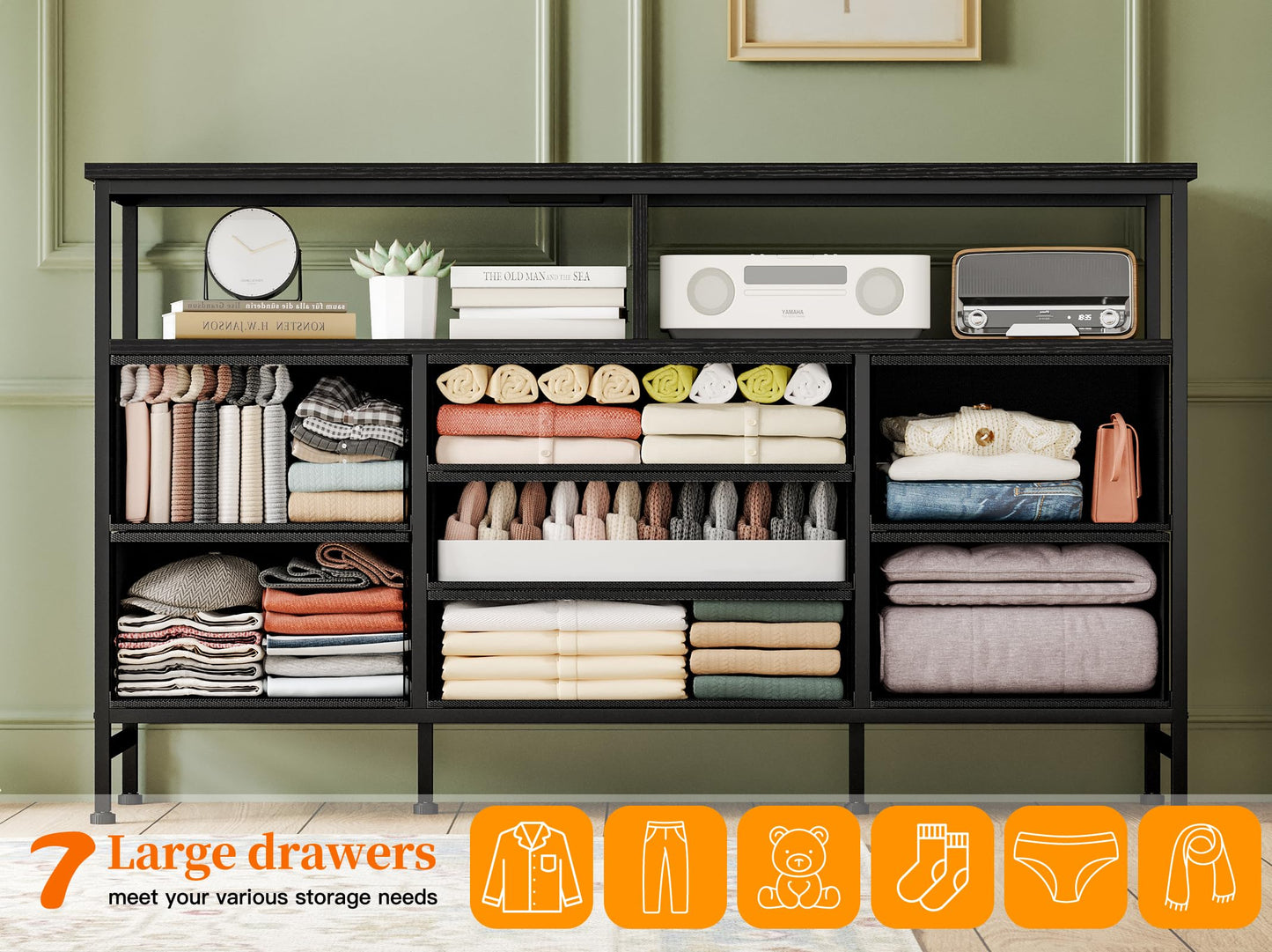 Fixwal 55 Inches Long Dresser Black Dresser for Bedroom with Power Outlets and LED Lights, 65-inch TV Stand with 7 Fabric Drawers, TV Stand for Bedroom Furniture, Chests of Drawers for Closet