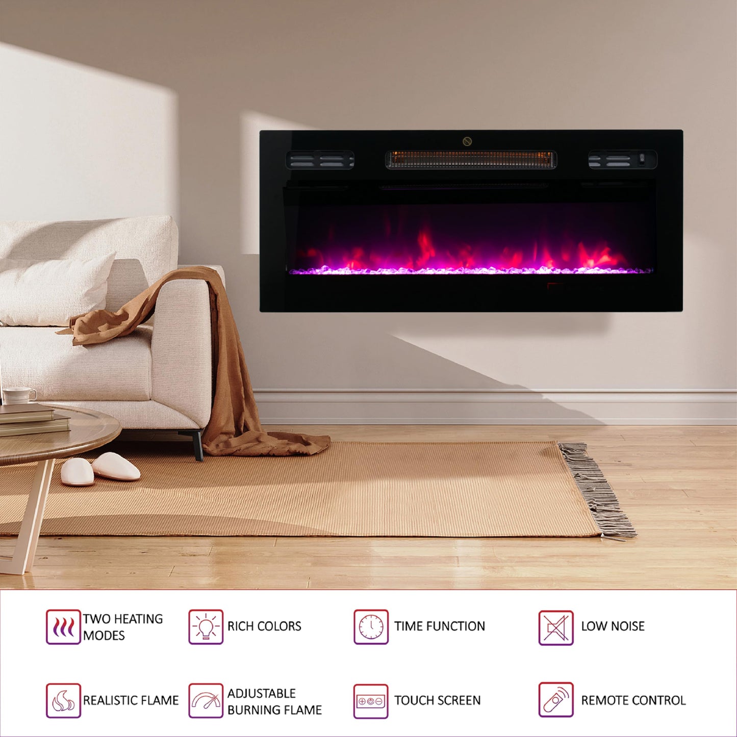 FULEIWO 30 Inch Recessed and Wall Mounted Electric Fireplace, Ultra-Thin Fireplace Heater with Remote Control, 12 Colors Adjustable Flame, Timer, 750W/1500W for Living Room Bedroom, Black