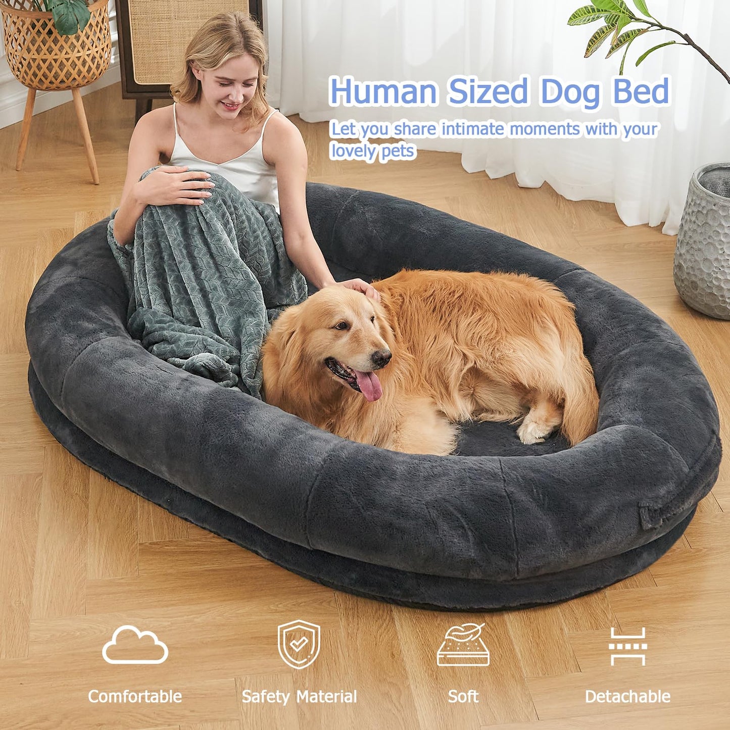 Human Dog Bed,72"x48"x10" Large Gaint Shared Bed for Adult - Flufelbed Standard Cloud Bed for Humans and Dogs - Nap Bed Bean Bag Bed Faux Fur Fluffy Orthopedic Pet Sleeping Bed - Large Charcoal