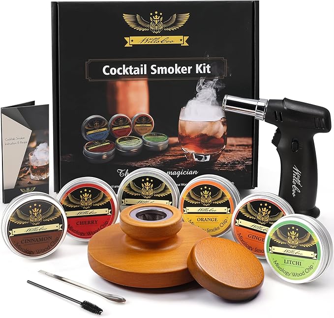 Willscoo Cocktail Smoker Kit - Handmade Old Fashioned Wood Smoker with Torch, 6 Flavors Wood Chips for Whiskey & Alcohol G...