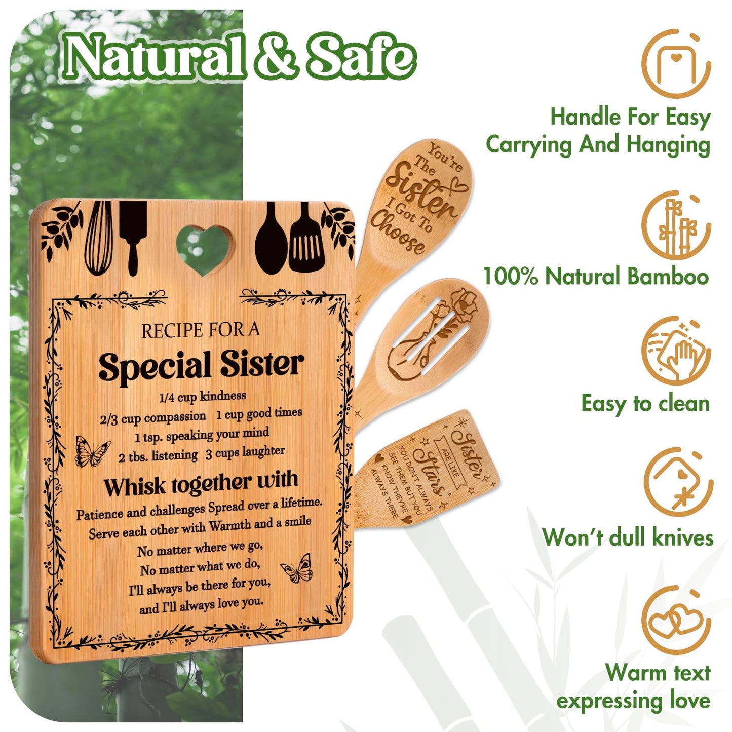 Gifts for Sister - "Recipe for a Special Sister" Sister Birthday Gifts Cutting Board Set, Bamboo-Made Engraved Utensil Set Sister Gifts, Birthday Gifts for Sister from Sister
