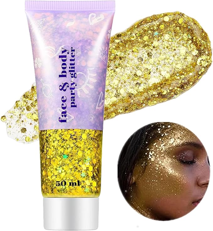 Go Ho Gold Face Body Glitter,Mardi Gras Glitter Makeup Gold Face Paint,Holographic Chunky Sequins Glitters for Eye Lip Hai...