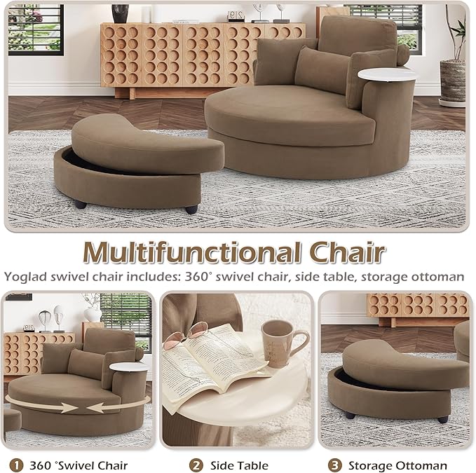 Yoglad Oversized Round Swivel Accent Chair - 360 Degree Chairs with Ottoman Armrest Tray Ideal for Living Room, Bedroom(Corduroy Brown)