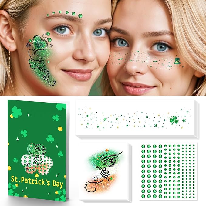 EMOME St Patrick Day Accessories, St Patrick's Day Glitter Shamrock Face Tattoo with Green Face Gems and Faux Freckles, Sa...