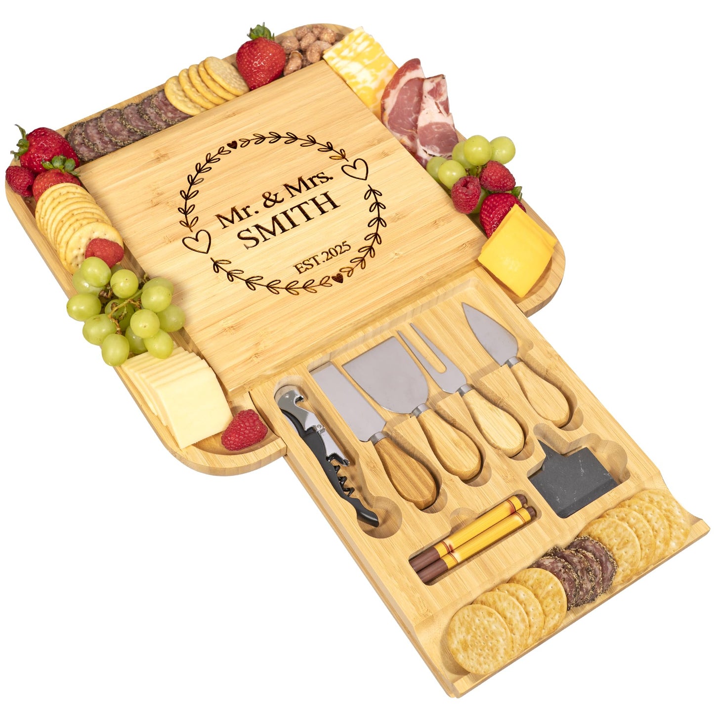 Personalized Bamboo Cheese Board with Cheese Knives & Accessories – Custom Engraved Charcuterie Board Gift Set, Wedding for Couples 2025, Housewarming