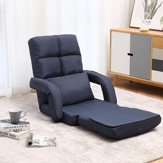 DeeLyan Indoor Floor Chair with Armrest and Pillow Folding Chaise Lounge Sofa 14-Position Adjustable Comfy Gaming Recliner Chair Padded Seats for Adults (Blue)