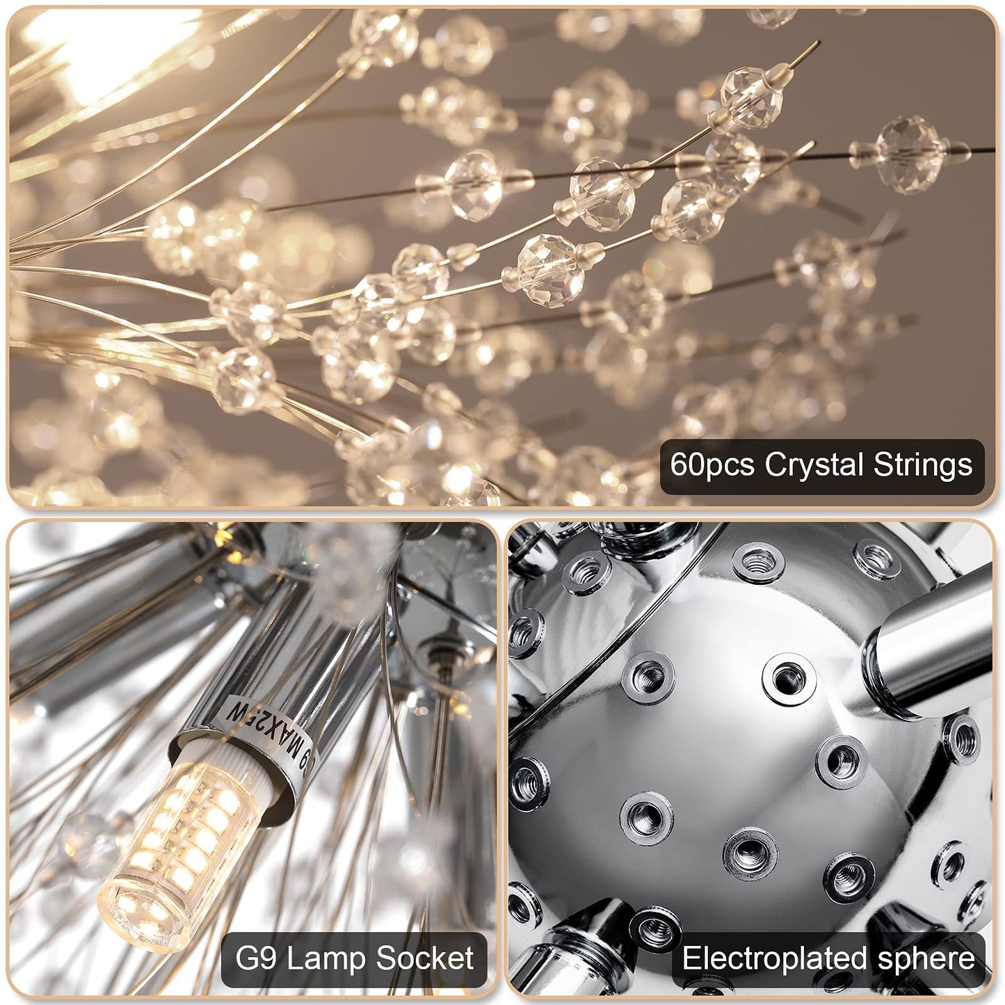 Lingkai 19.9" Chrome Modern Crystal Chandeliers Firework, Bubble Chandelier Lighting for Bathroom Dining Room Bedroom Kitchen Island Living Room Light Fixture, 9-Light Chrome Hanging Round Chandalier