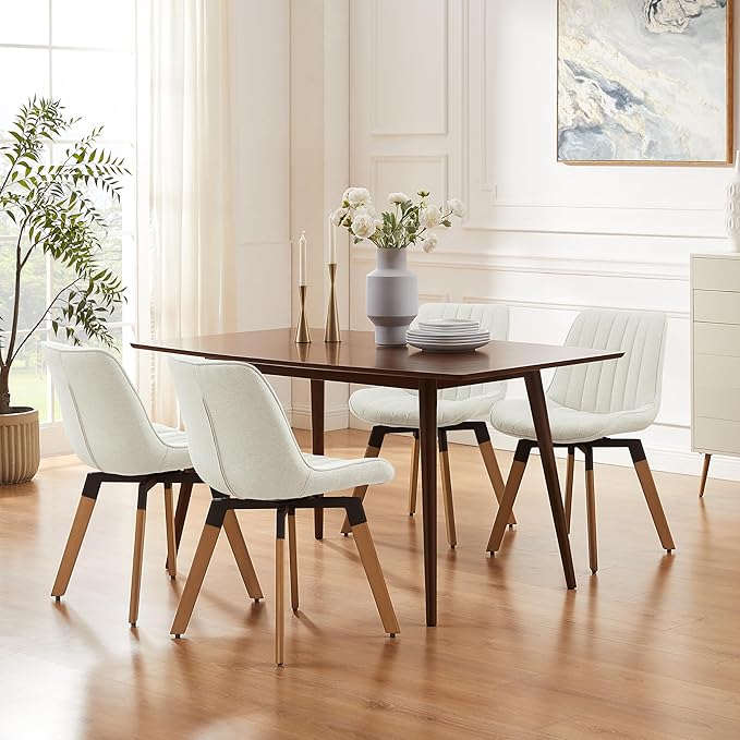 Art Leon Dining Chairs Set of 4, Mid Century Modern Swivel Dining Room Chairs, Fabric Upholstered Armless Side Chairs with Wood Legs for Kitchen Living Room Bedroom, Off White
