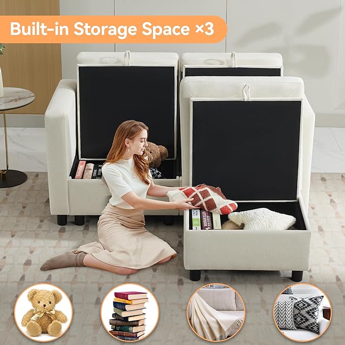 WUTUTUEE 58”Modular Sectional Loveseat Sofa with Storage, Comfy Office L Shaped Sofa Couch, Chenille Love Seat Modular Sectional Couch with Movable Ottoman for Living Room, Bedroom, Beige