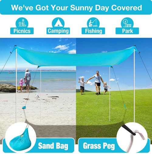 ADesign Windproof Beach Tent Sun Shelter with 8 Sandbags, Large Family Sun Shade with Sand Shovel, UPF50+, 6.3 FT Tall, Outdoor Easy Setup Beach Canopy for Vacation, Camping, Picnics