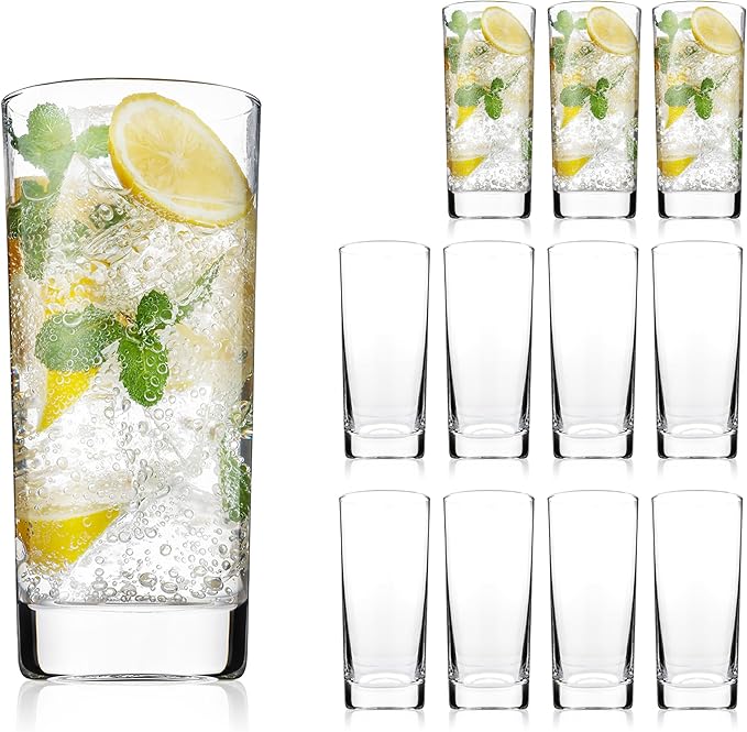 OUWO Highball Glasses Set of 12, 13oz Tall Drinking Glasses, Water Glass for Kitchen, Tom Collins Glasses, Mojito Glass Cu...