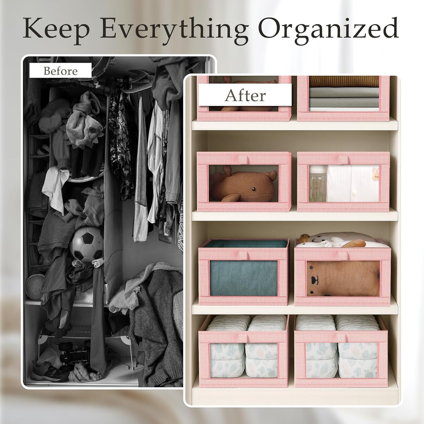 Criusia 4 Pack Linen Closet Organizers and Storage, Closet organizer Large Linen Closet Baskets for Organization, Foldable Storage Containers for Towels, Clothing, Jeans, Books, Shelves, Pink