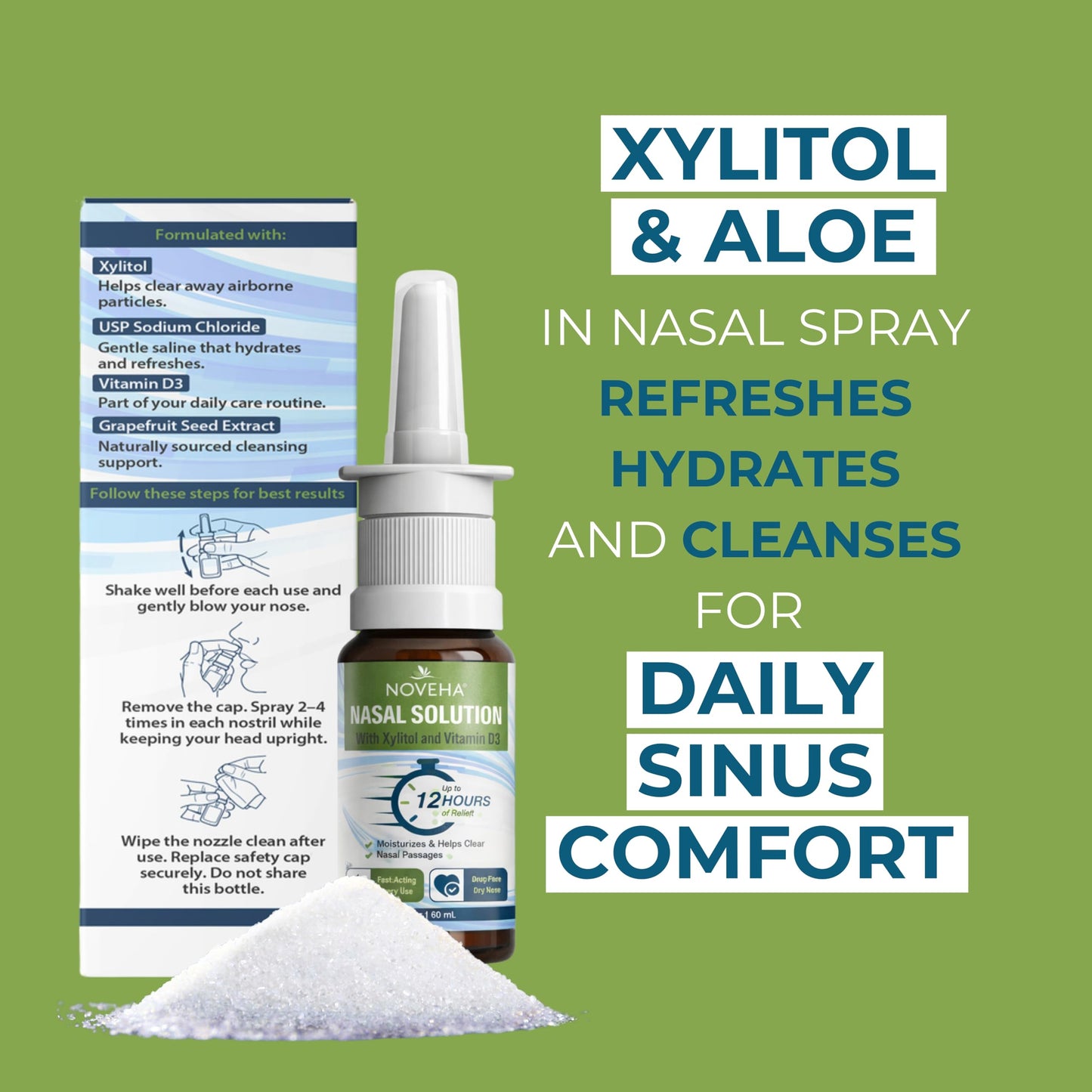 NOVEHA Xylitol Nasal Spray – Drug-Free Natural Moisturizer for Dry Nose, Sinus & Allergy Relief – Hydrating Saline Nasal Spray with Vitamin D3 & Grapefruit Seed Extract Gentle Daily Congestion Support