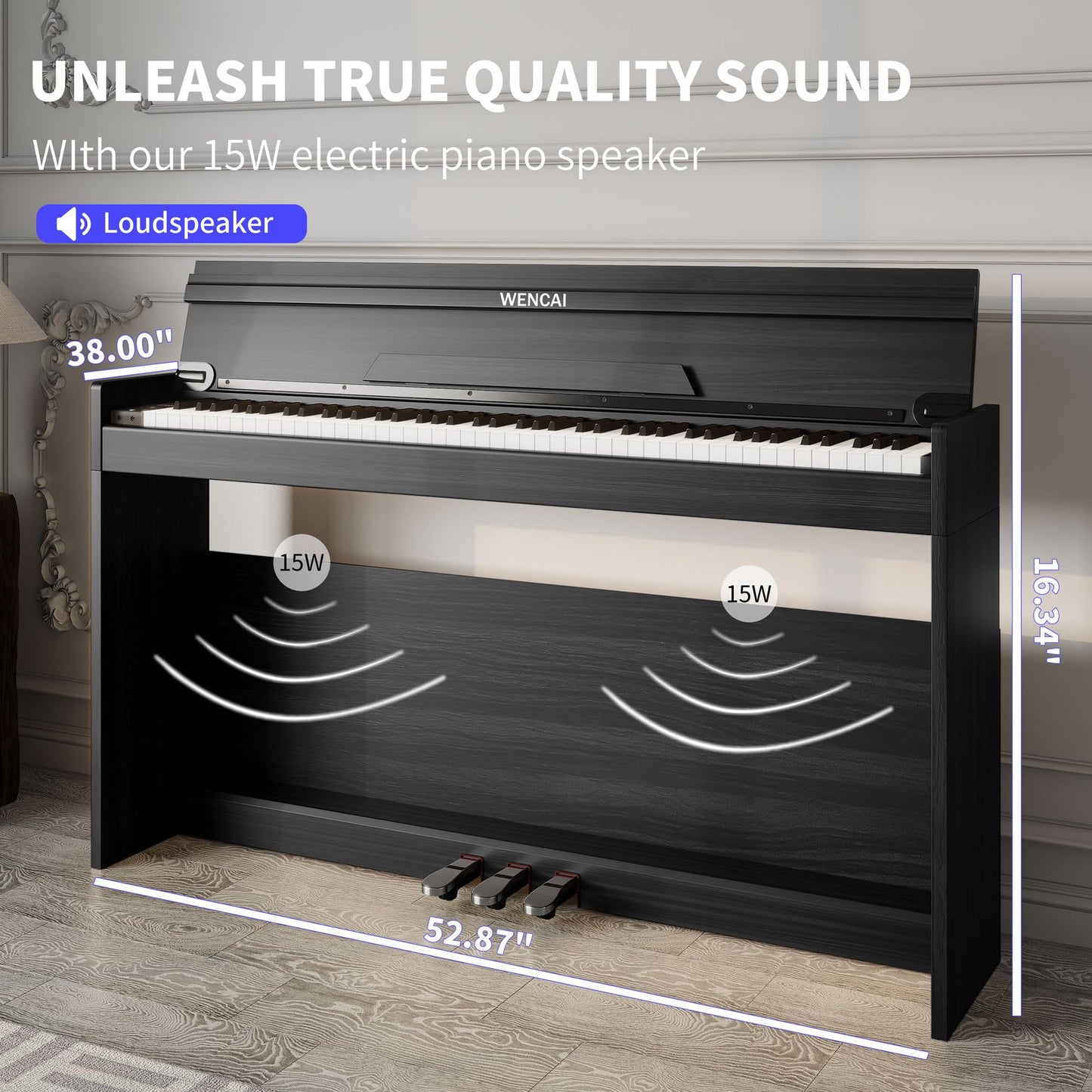 WENCAI 88 Keys Fully Weighted Digital Piano Keyboard, Hammer Action Upright Electric Piano for Beginner Professional with Semi-Automatic Soft-Close Fallboard, 3 Pedals, Black