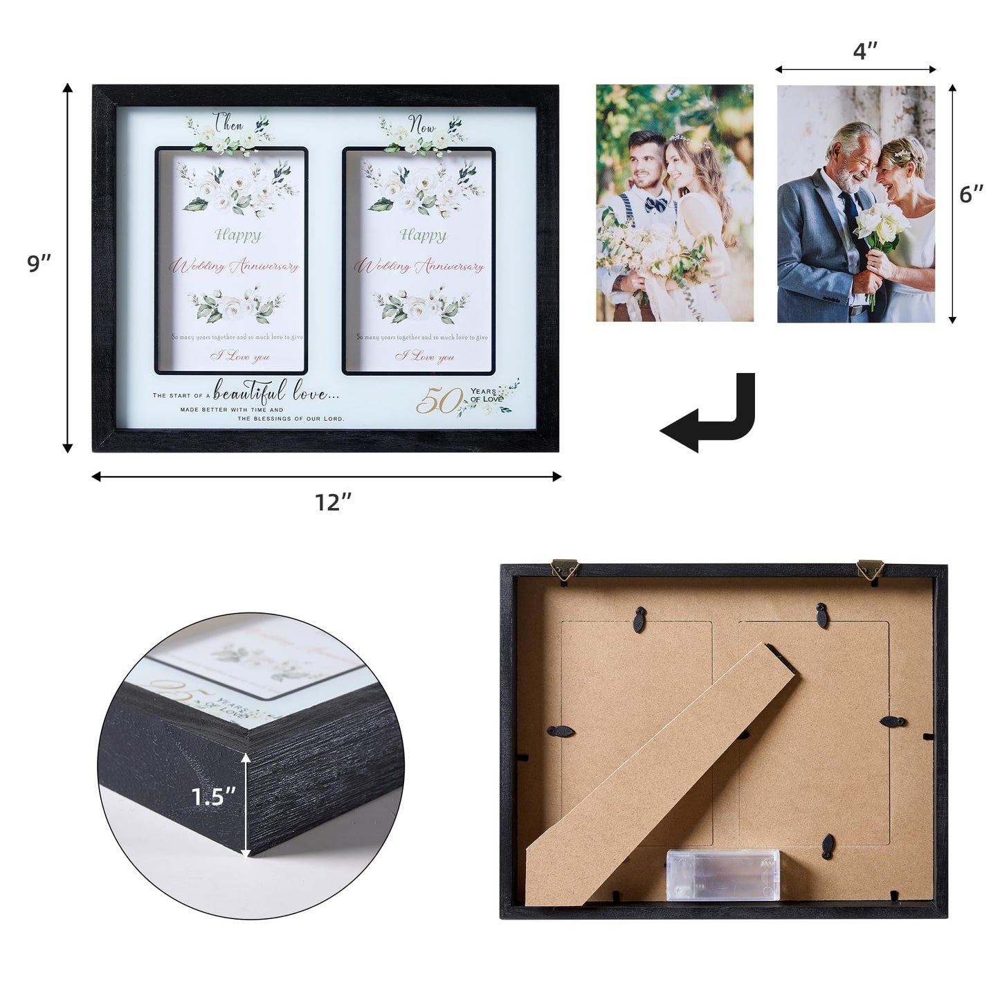 Then & Now 50th Anniversary Picture Frame for Couple, Celebrate Years of Love Anniversary Wooden Photo Frame for Parents, Husbands, Wives, Wedding Engagement Gifts, Double Frame 4x6 Photos Black