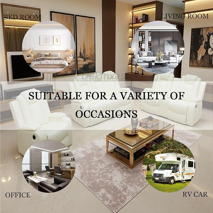 Dekmxas Modern Power Reclining Chair Set, Creamy White Breathing Leather Sofa Couches, Living Room Sofa Sets Power Recliner Sofa Set with LED Light for Living Room & Apartment & Home & RV