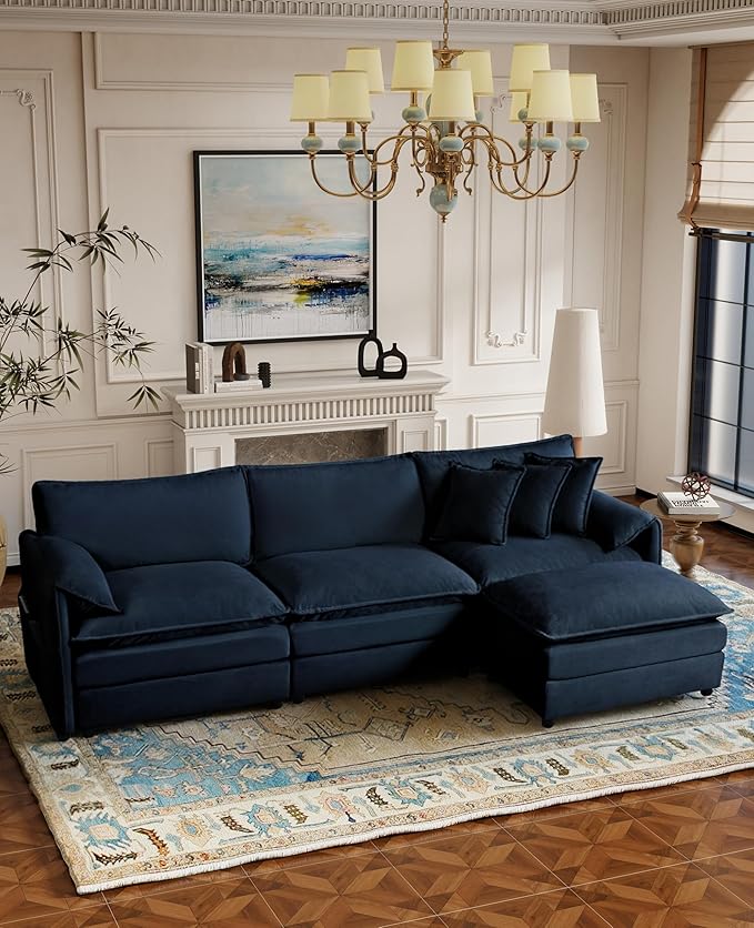 RENDGO 109" Modular Sectional Sofa with 1 Ottoman, Chenille Cloud Couch for Living Room & Apartment, Deep Seat Comfort, Flexible L-Shape Combination Sofa for Home & Office,Blue
