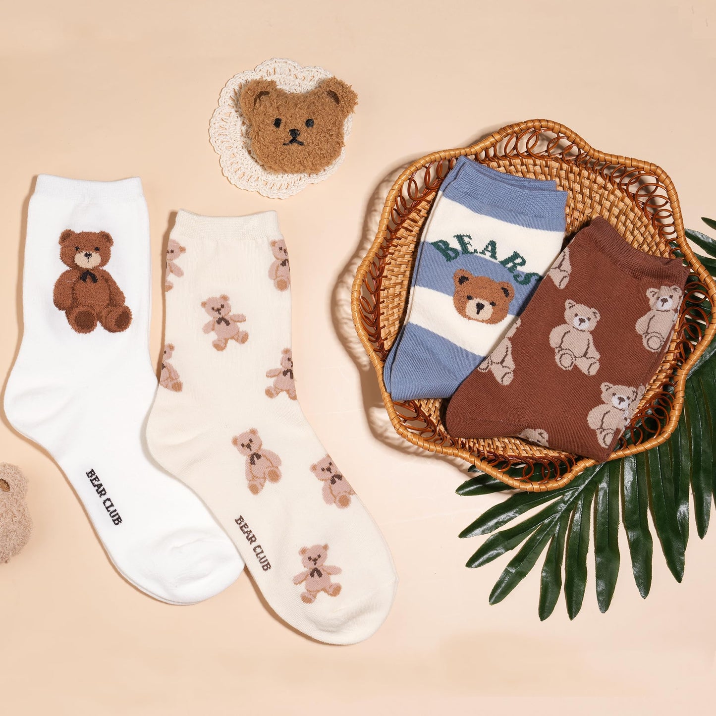 kikiya socks Women Cute Crew | 5 Pairs Cute Bear Character Graphic Print and Striped Designed White Black Ivory Brown Colored Daily Cotton Socks | Womens Ladies Girls Gift | Bear B