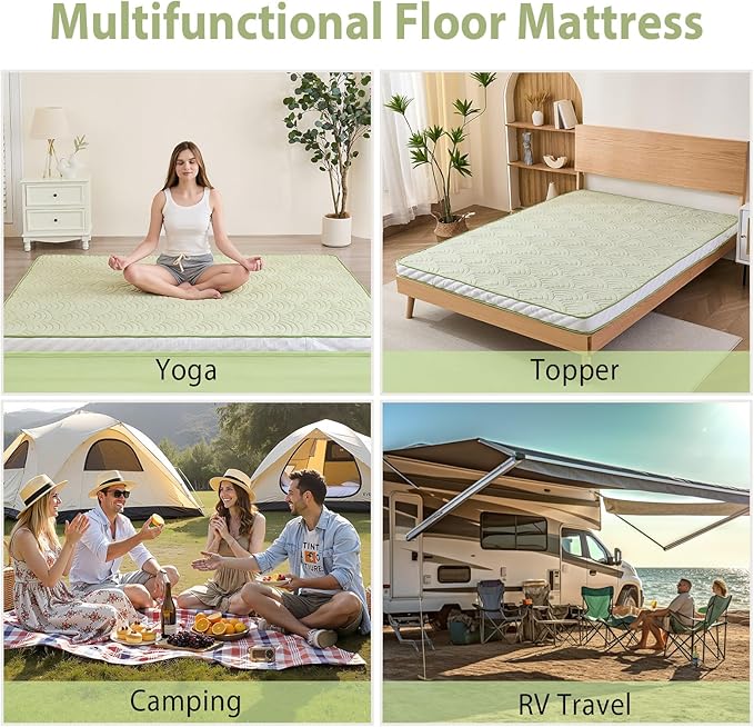 Zelladorra Japanese Floor Mattress, Quilted Futon Mattress with Anti-Slip Bottom, Foldable Floor Bed with Storage Bag and Straps, (Green, Twin)