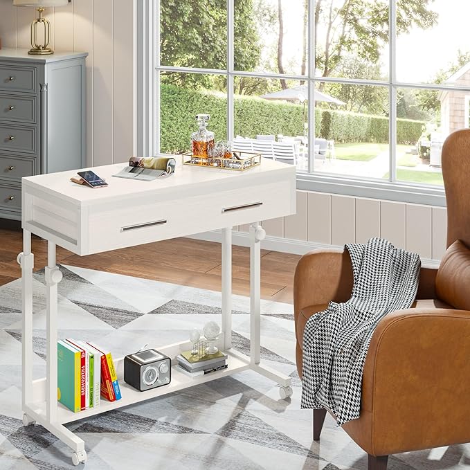 Tribesigns Portable Desk with Drawers, Mobile Laptop Desk with Wheels, Sofa Side Table Bed Desks, Small Standing Desk for Home Office (White)