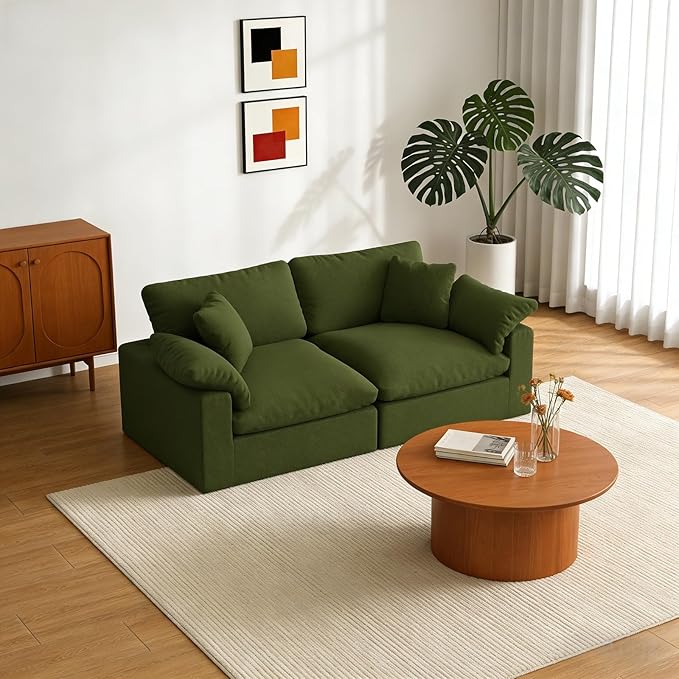 Forest aesthetics Modular Sectional Sofa Cloud Couch,78.6" Down Filled Comfy Cloud Modern Sofa,2 Seater with Green Linen Couch Cushion Covers Removable Furniture for Living Room
