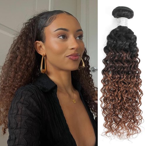 Anmetan 12A Brown Ombre Human Hair Bundles Water Wave 24 Inch, Chestnut Ombre Brown Wet n Wavy Single Bundle with Dark Roots 3 Tone Color #T1B/2/30 Thick Sew In Weave Remy Hair Keep Soft After Washes