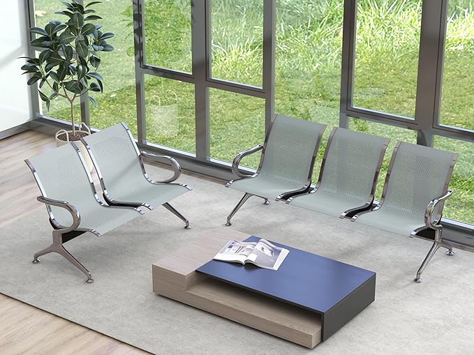 Kinsuite 5 Seat Waiting Room Chairs - Airport Reception Chairs with Arms Metal Reception Bench Seating Lobby Chairs for Business Office Hospital Bank Airport Market, Silver