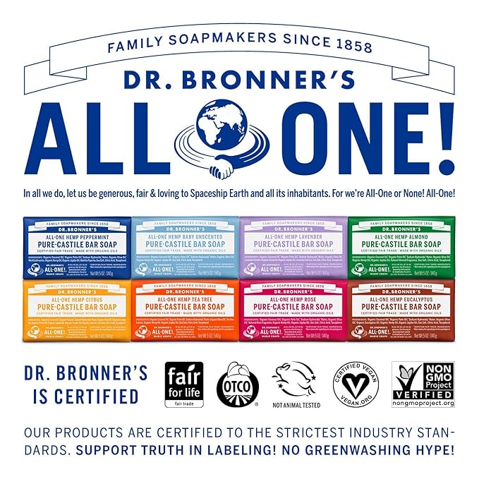 Dr. Bronner's Pure-Castile Magic Bar Soap (5 oz Variety Pack) Almond, Unscented, Lavender, Peppermint, Citrus, Rose, Tea Tree, & Eucalyptus - Made with Regenerative Organic Certified Oils, Vegan